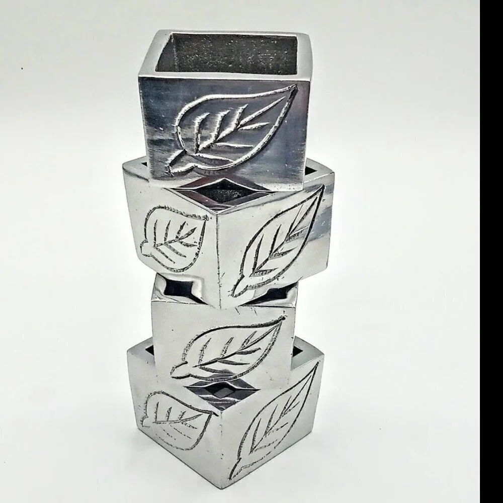 Pier 1 Silver Pewter Etched Leaves Square Napkin Rings